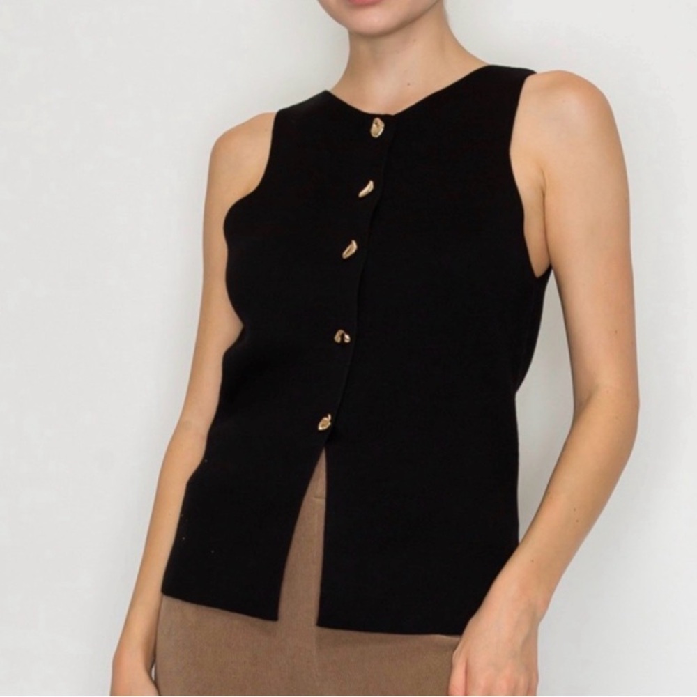 NWT Black Sleeveless Knit with Gold Buttons